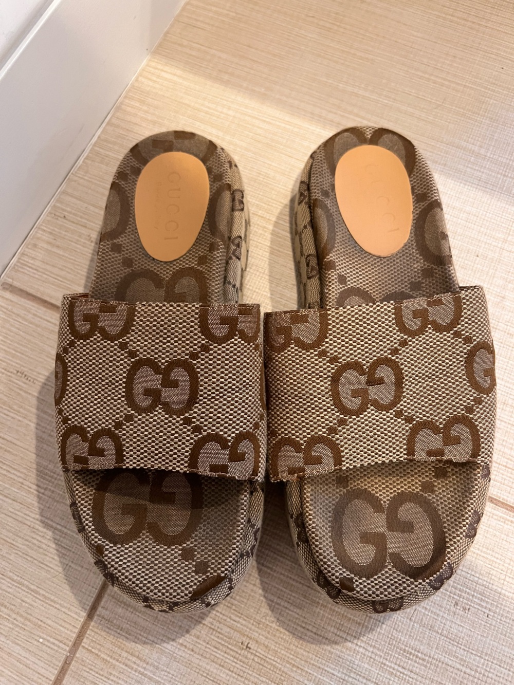 Gucci Brown Monogram Jacquard Slide Sandals
